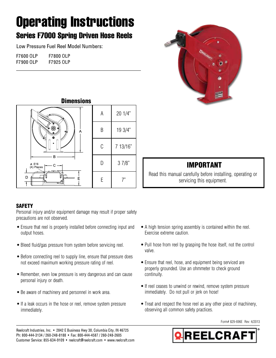 Reelcraft Series F7000 Spring Driven Hose Reels (Low Pressure Fuel Reel FxxxxOLP) User Manual | 9 pages