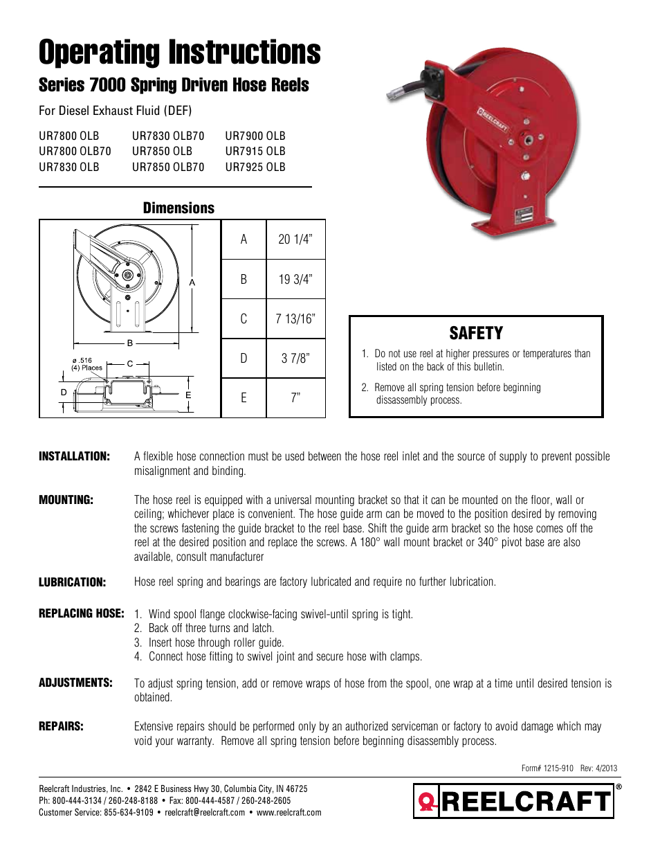 Reelcraft Series 7000 Spring Driven Hose Reels (For Diesel Exhaust Fluid (DEF) URxxxxOLB) User Manual | 3 pages