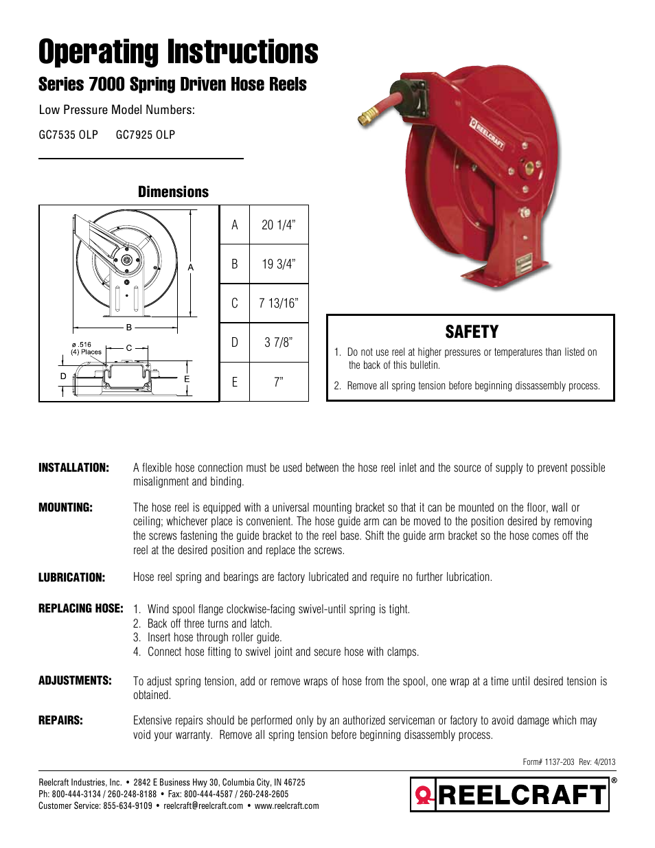 Reelcraft Series 7000 Spring Driven Hose Reels (Low Pressure GCxxxxOLP) User Manual | 2 pages
