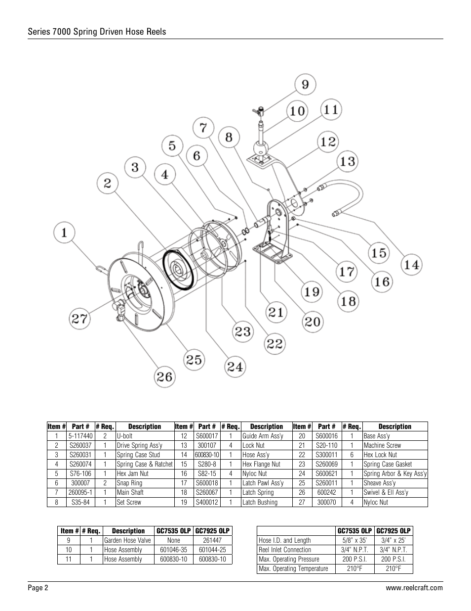 Series 7000 spring driven hose reels | Reelcraft Series 7000 Spring Driven Hose Reels (Low Pressure GCxxxxOLP) User Manual | Page 2 / 2