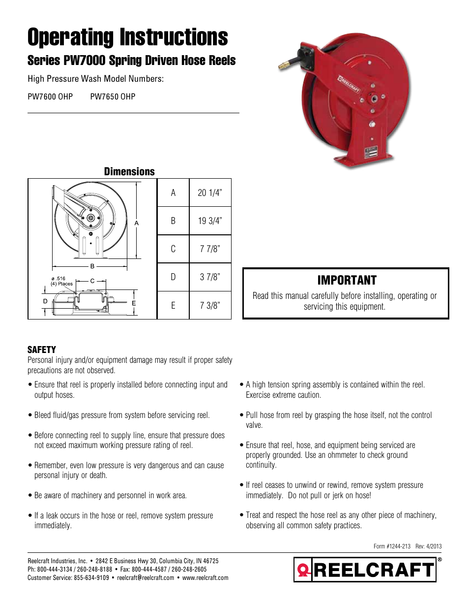 Reelcraft Series PW7000 Spring Driven Hose Reels (High Pressure Wash PWxxxxOHP) User Manual | 9 pages