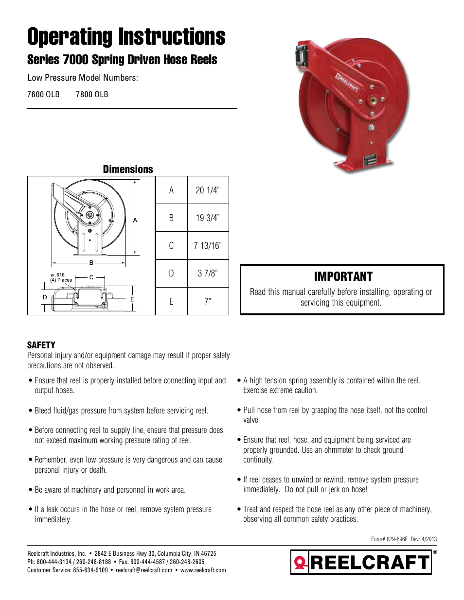Reelcraft Series 7000 Spring Driven Hose Reels (Low Pressure xxxxOLB) User Manual | 9 pages