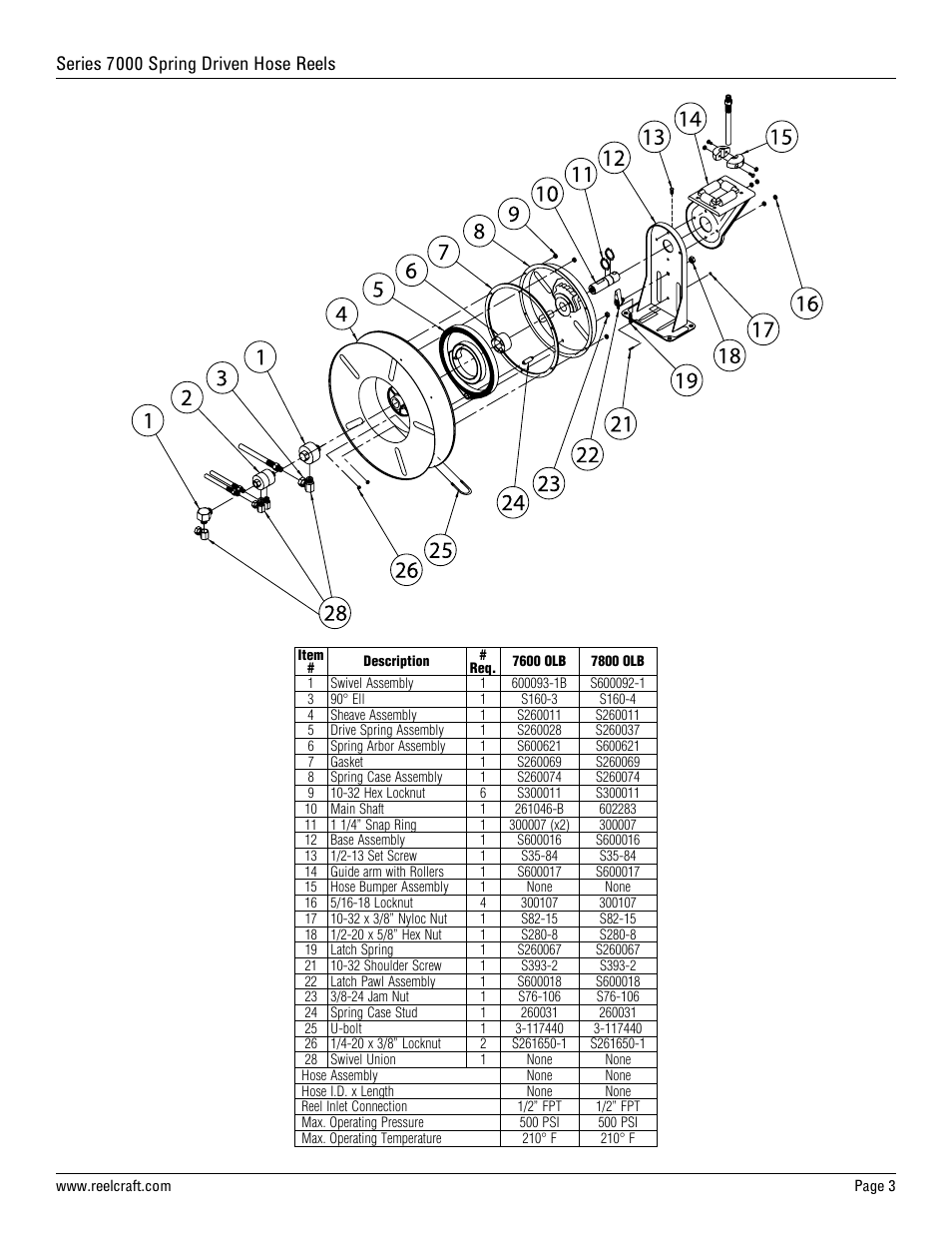 Series 7000 spring driven hose reels | Reelcraft Series 7000 Spring Driven Hose Reels (Low Pressure xxxxOLB) User Manual | Page 3 / 9