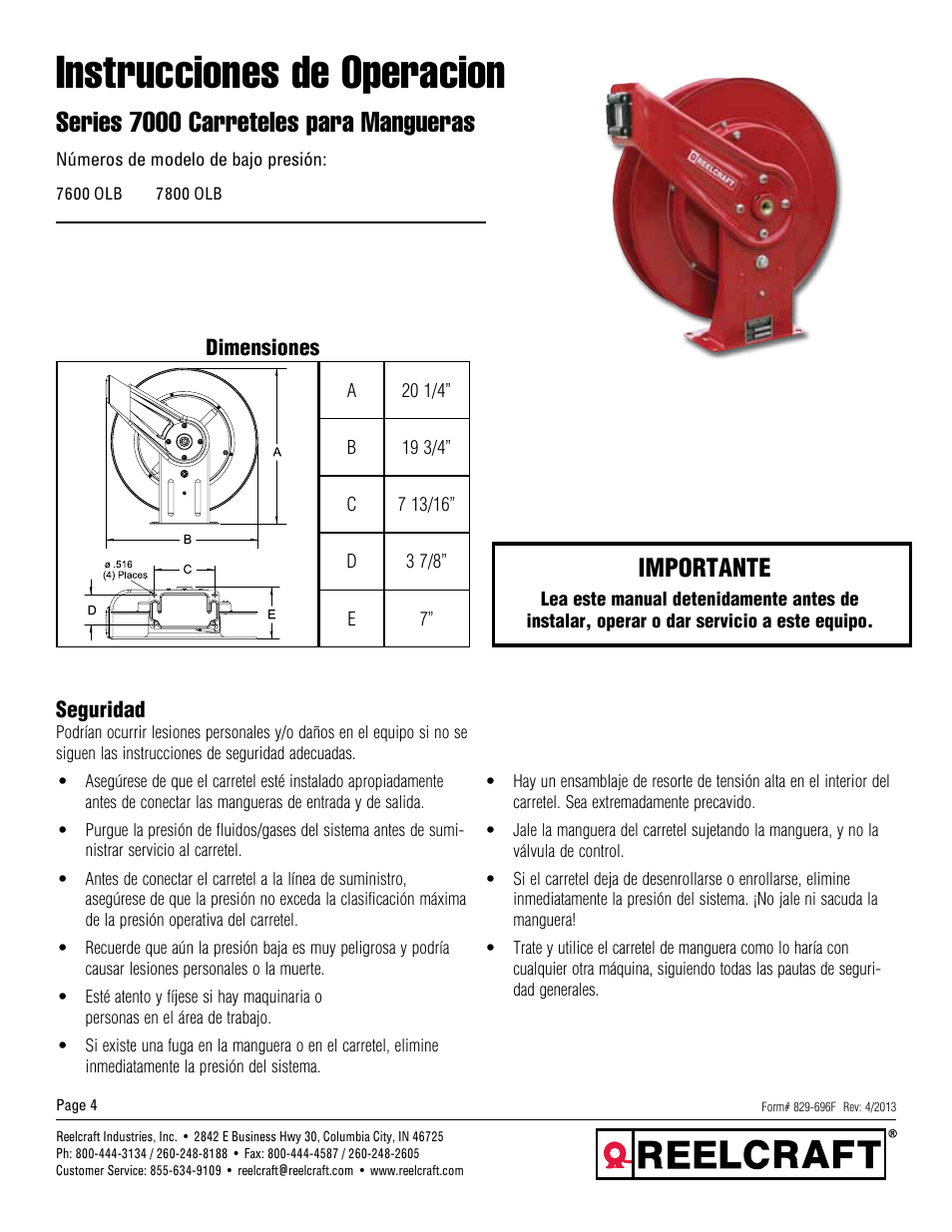 Instrucciones de operacion, Series 7000 carreteles para mangueras, Importante | Reelcraft Series 7000 Spring Driven Hose Reels (Low Pressure xxxxOLB) User Manual | Page 4 / 9