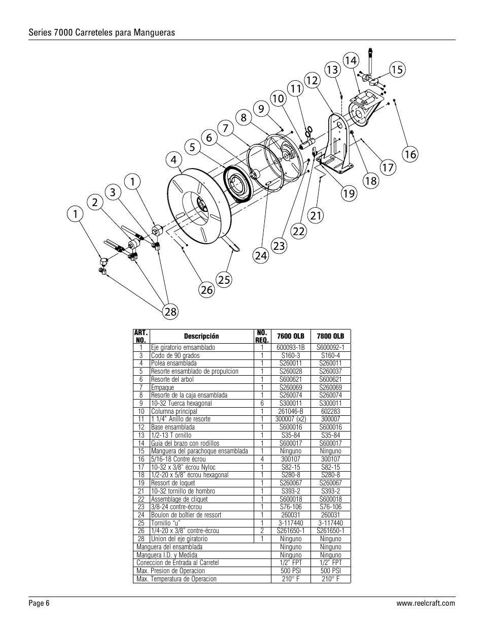 Series 7000 carreteles para mangueras | Reelcraft Series 7000 Spring Driven Hose Reels (Low Pressure xxxxOLB) User Manual | Page 6 / 9