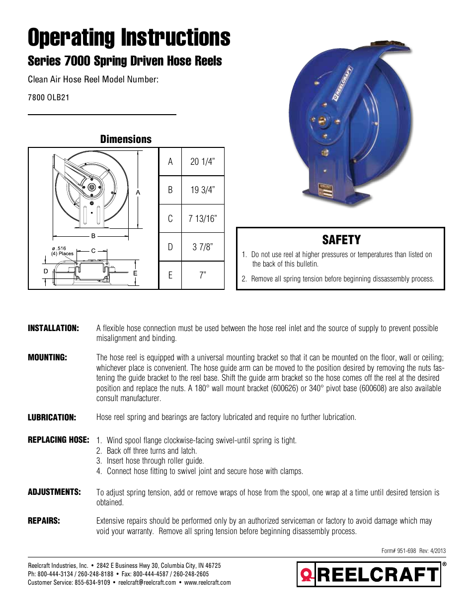 Reelcraft Series 7000 Spring Driven Hose Reels (Clean Air Hose Reel xxxxOLB21) User Manual | 2 pages