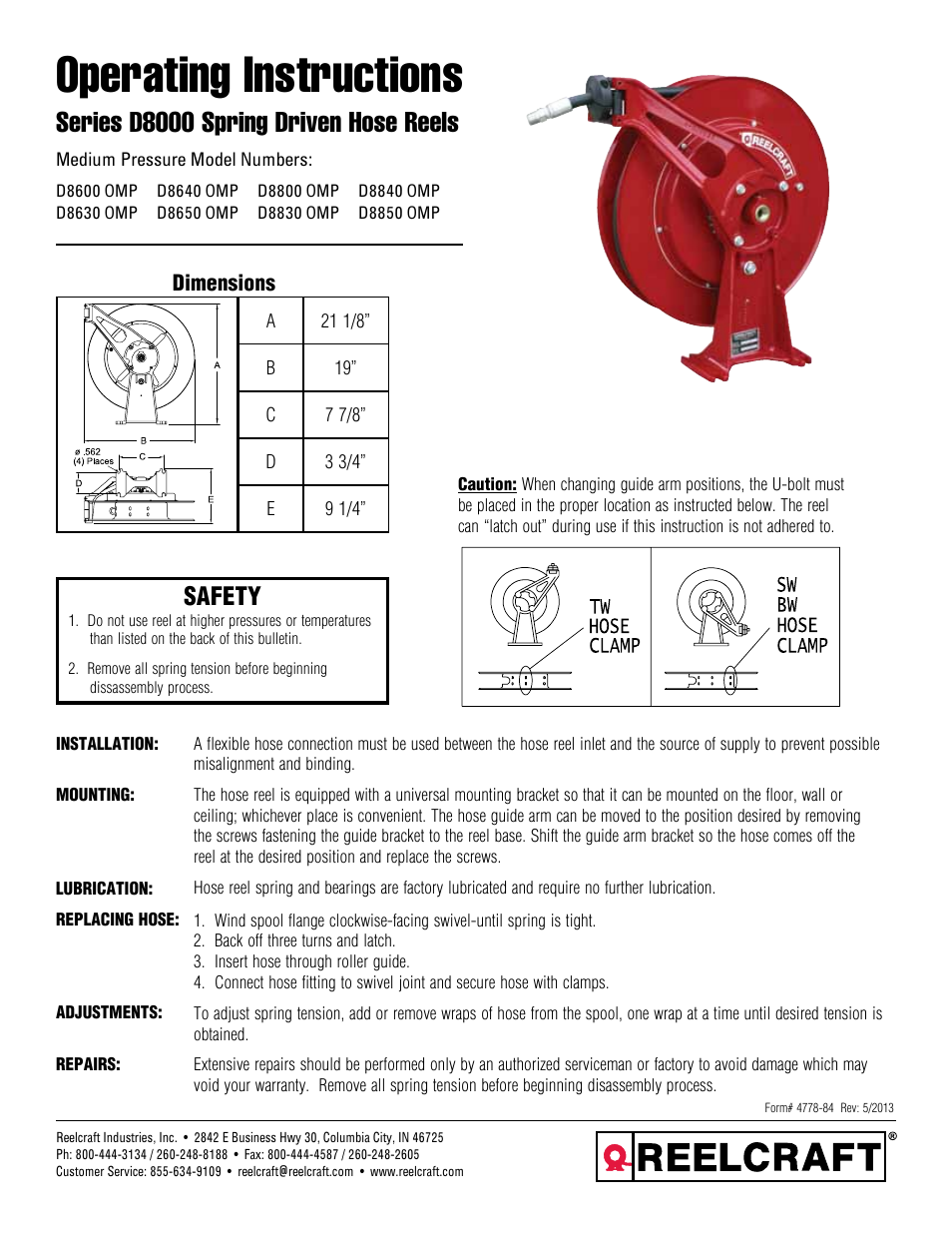 Reelcraft Series D8000 Spring Driven Hose Reels (Medium Pressure DxxxxOMP) User Manual | 2 pages