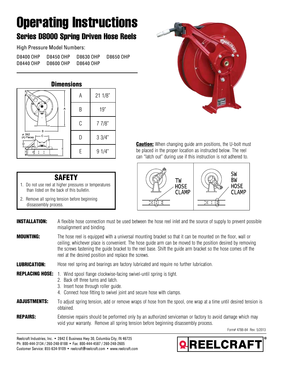 Reelcraft Series D8000 Spring Driven Hose Reels (High Pressure DxxxxOHP) User Manual | 2 pages