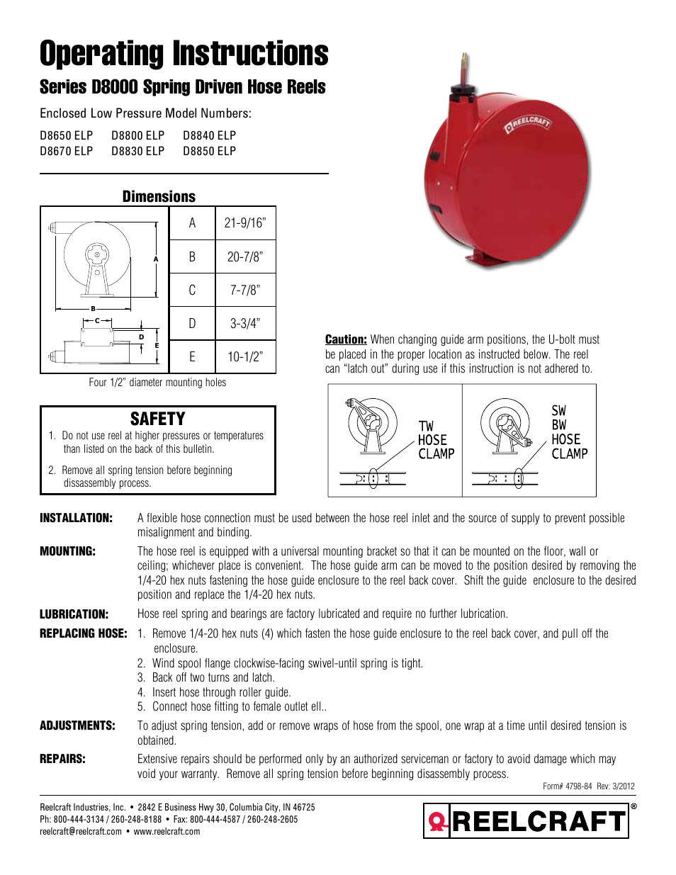 Reelcraft Series D8000 Spring Driven Hose Reels (Enclosed Low Pressure DxxxxELP) User Manual | 2 pages