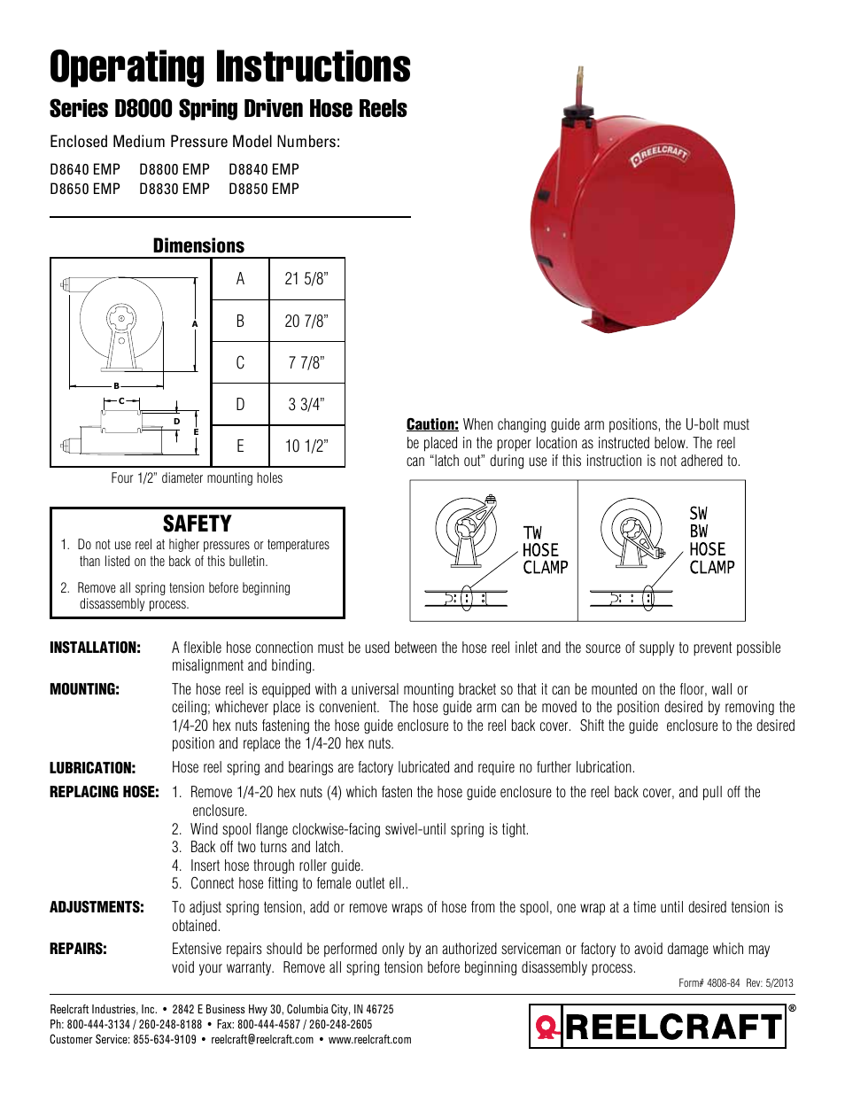 Reelcraft Series D8000 Spring Driven Hose Reels (Enclosed Medium Pressure DxxxxEMP) User Manual | 2 pages