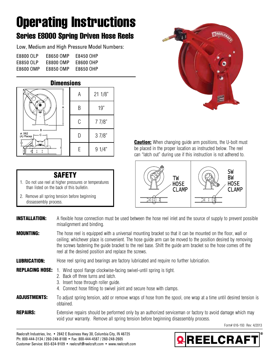Reelcraft Series E8000 Spring Driven Hose Reels (Low, Medium and High Pressure ExxxxOLP, ExxxxOMP, ExxxxOHP) User Manual | 2 pages