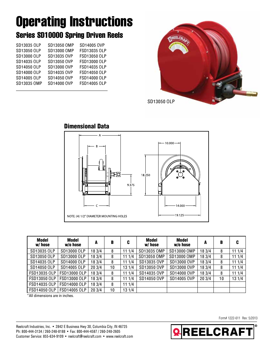 Reelcraft Series SD10000 Spring Driven Reels User Manual | 9 pages