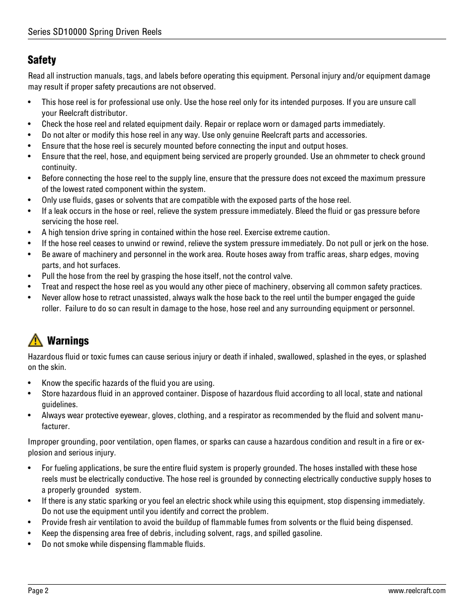 Safety, Warnings | Reelcraft Series SD10000 Spring Driven Reels User Manual | Page 2 / 9