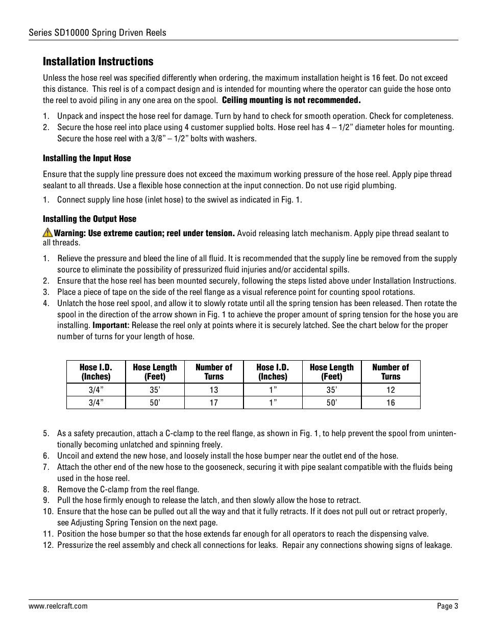 Installation instructions | Reelcraft Series SD10000 Spring Driven Reels User Manual | Page 3 / 9