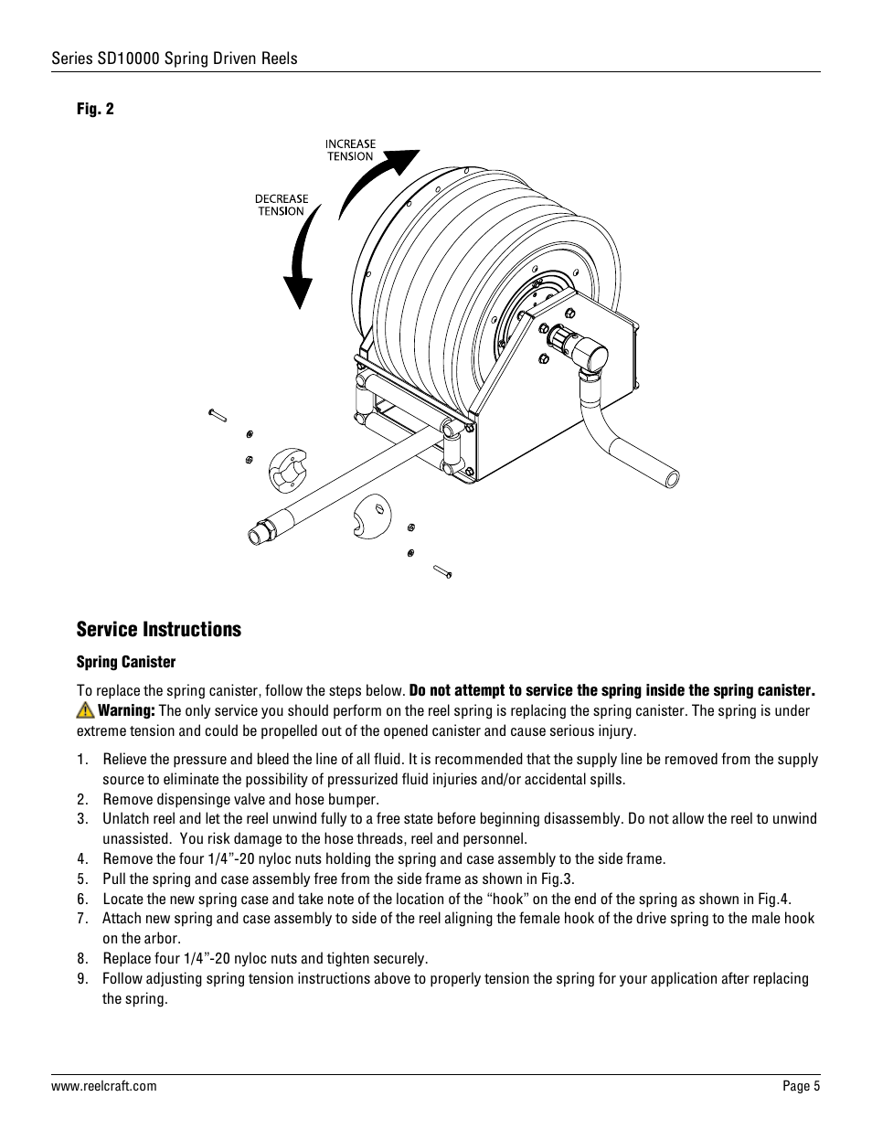 Service instructions | Reelcraft Series SD10000 Spring Driven Reels User Manual | Page 5 / 9