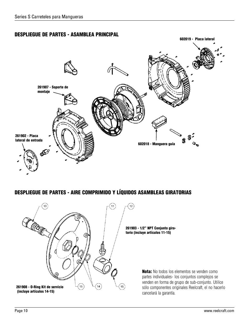 Despliegue de partes - asamblea principal | Reelcraft Series S Spring Driven Hose Reels User Manual | Page 10 / 15