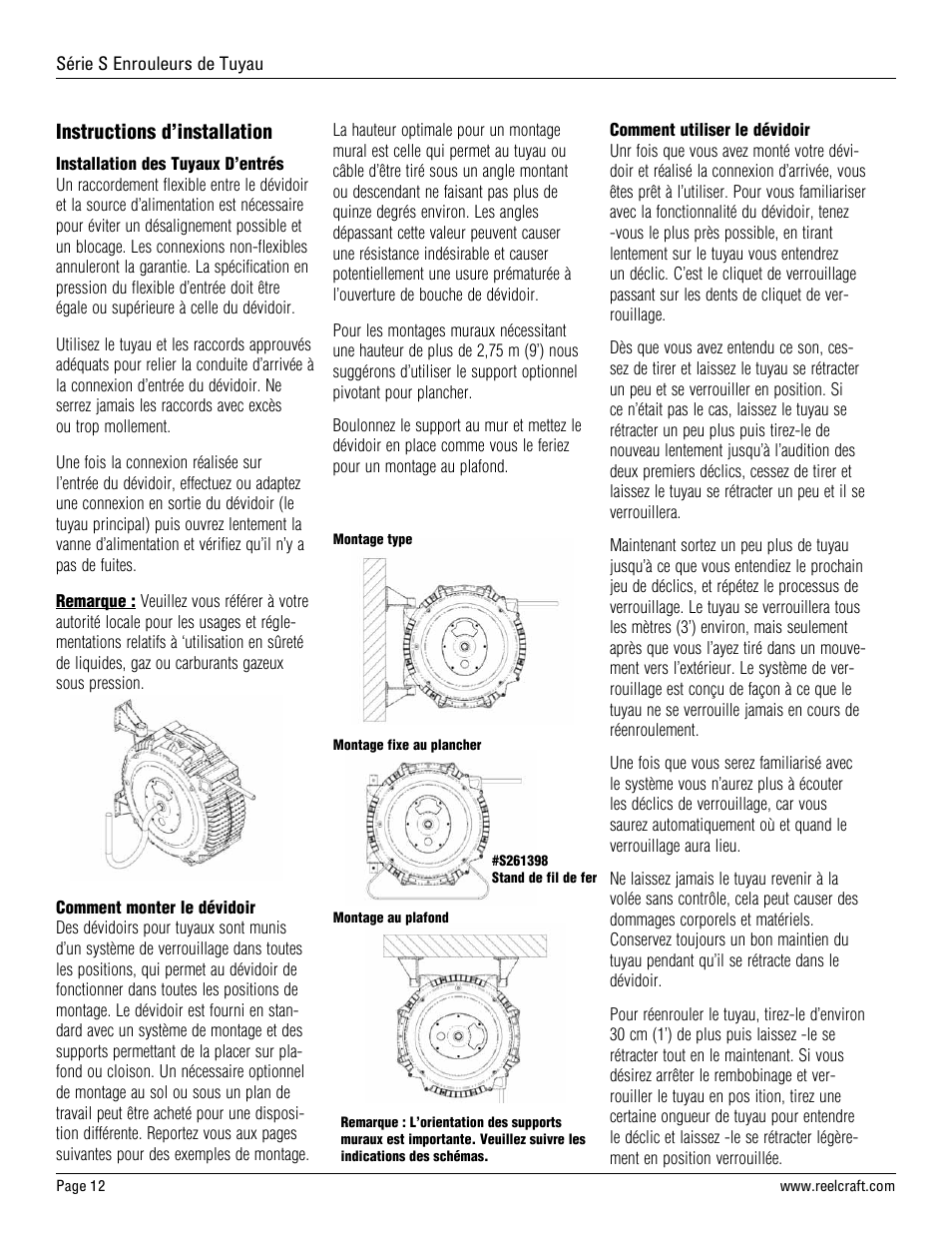 Instructions d’installation | Reelcraft Series S Spring Driven Hose Reels User Manual | Page 12 / 15