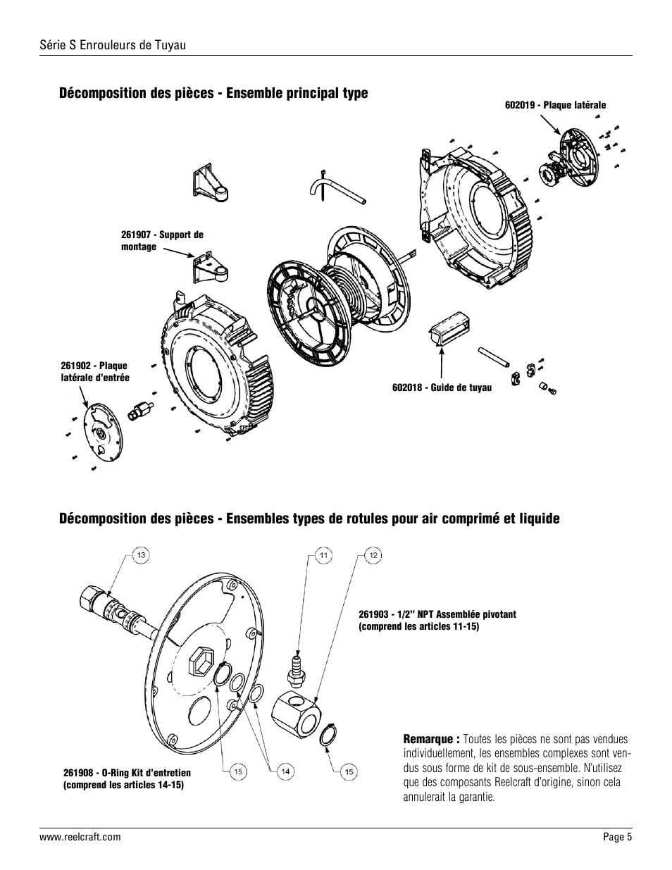 Décomposition des pièces - ensemble principal type | Reelcraft Series S Spring Driven Hose Reels User Manual | Page 15 / 15