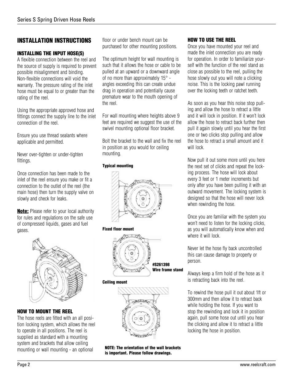 Installation instructions | Reelcraft Series S Spring Driven Hose Reels User Manual | Page 2 / 15