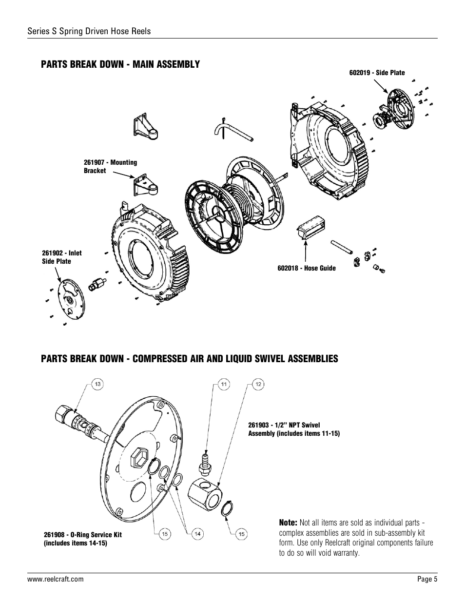 Parts break down - main assembly | Reelcraft Series S Spring Driven Hose Reels User Manual | Page 5 / 15