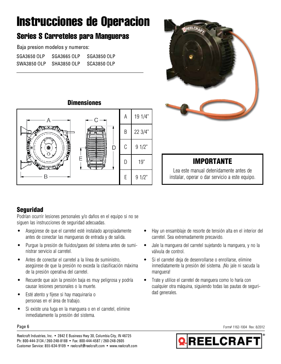 Instrucciones de operacion, Series s carreteles para mangueras, Importante | Reelcraft Series S Spring Driven Hose Reels User Manual | Page 6 / 15