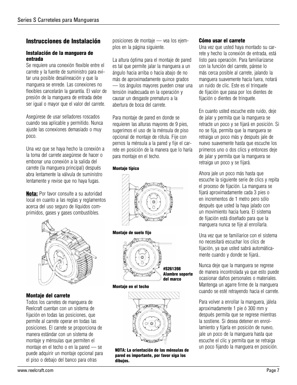 Instrucciones de instalación | Reelcraft Series S Spring Driven Hose Reels User Manual | Page 7 / 15
