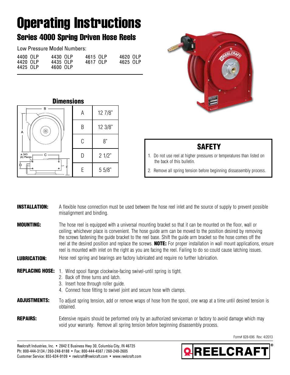 Reelcraft Series 4000 Spring Driven Hose Reels (Low Pressure) User Manual | 6 pages