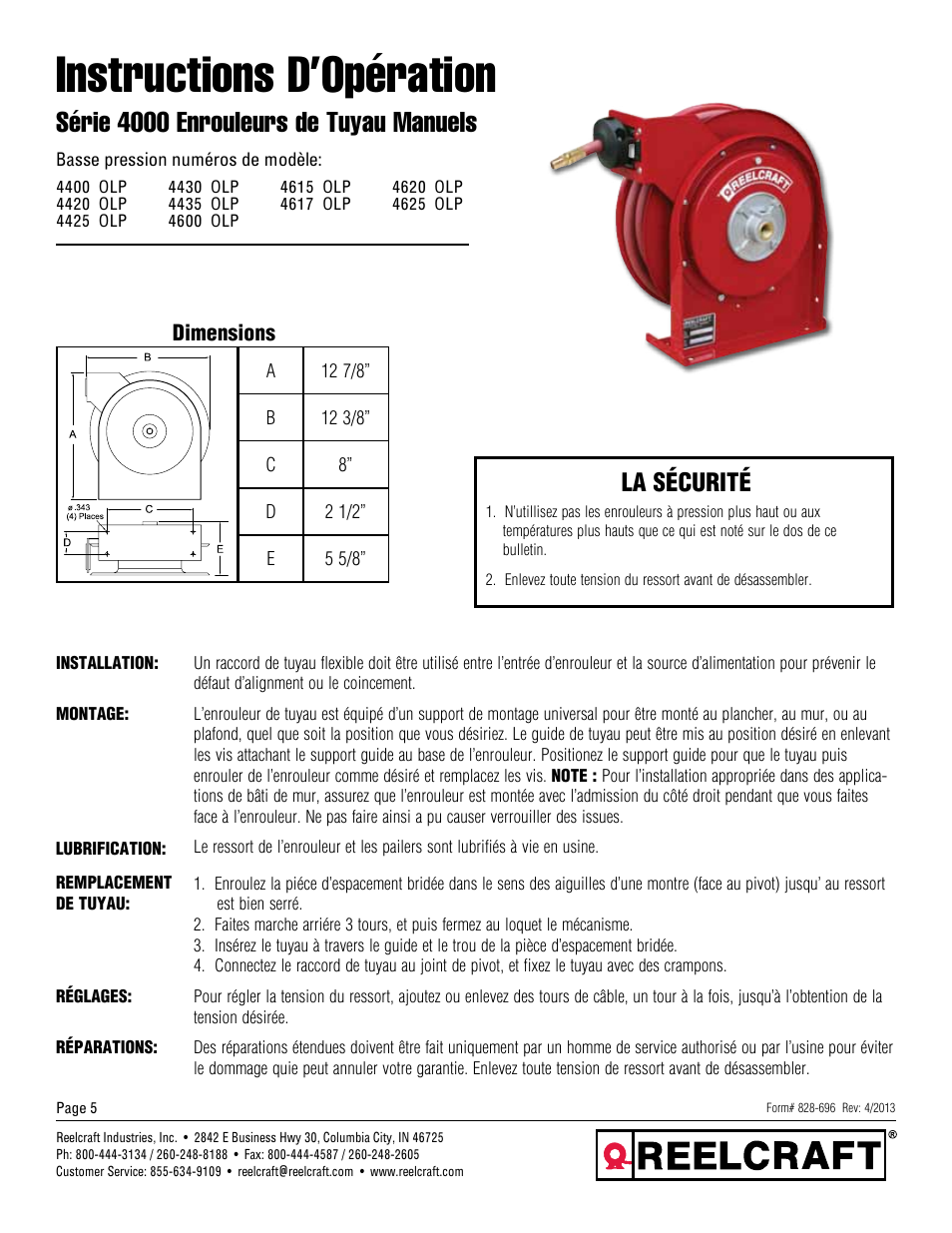 Instructions d’opération, Série 4000 enrouleurs de tuyau manuels, La sécurité | Reelcraft Series 4000 Spring Driven Hose Reels (Low Pressure) User Manual | Page 5 / 6