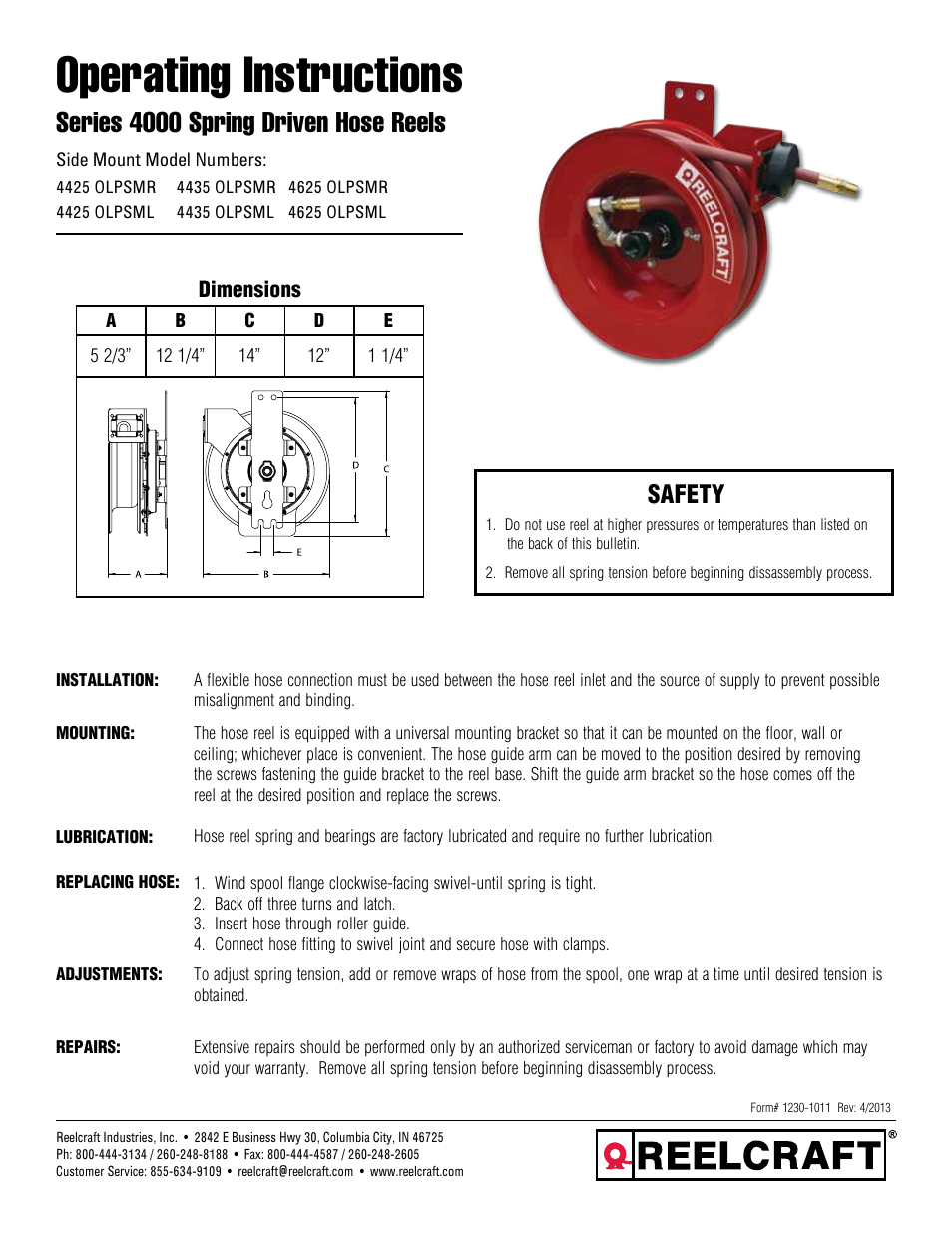 Reelcraft Series 4000 Spring Driven Hose Reels (Side Mount) User Manual | 2 pages