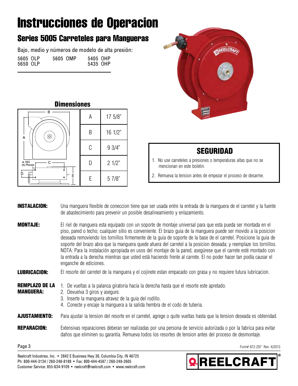 Instrucciones de operacion, Series 5005 carreteles para mangueras, Seguridad | Reelcraft Series 5005 Spring Driven Hose Reels (Low, Medium and High Pressure xxxxOLP, xxxxOMP, xxxxOHP) User Manual | Page 3 / 6