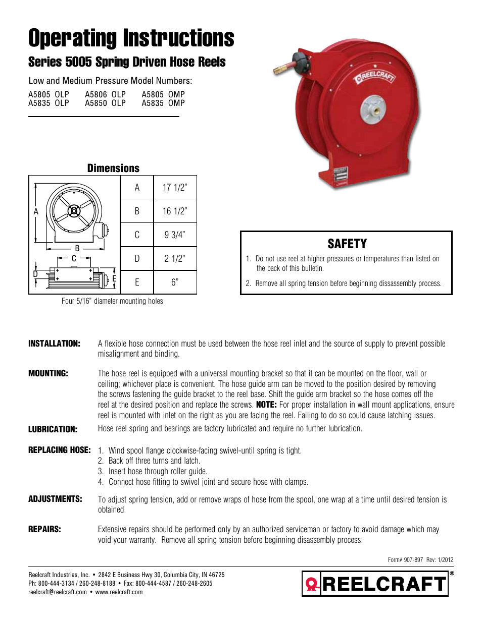 Reelcraft Series 5005 Spring Driven Hose Reels (Low and Medium Pressure xxxxOLP, xxxxOMP) User Manual | 6 pages