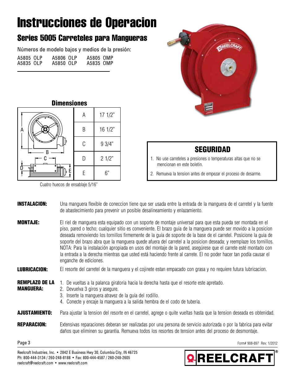 Instrucciones de operacion, Series 5005 carreteles para mangueras, Seguridad | Reelcraft Series 5005 Spring Driven Hose Reels (Low and Medium Pressure xxxxOLP, xxxxOMP) User Manual | Page 3 / 6