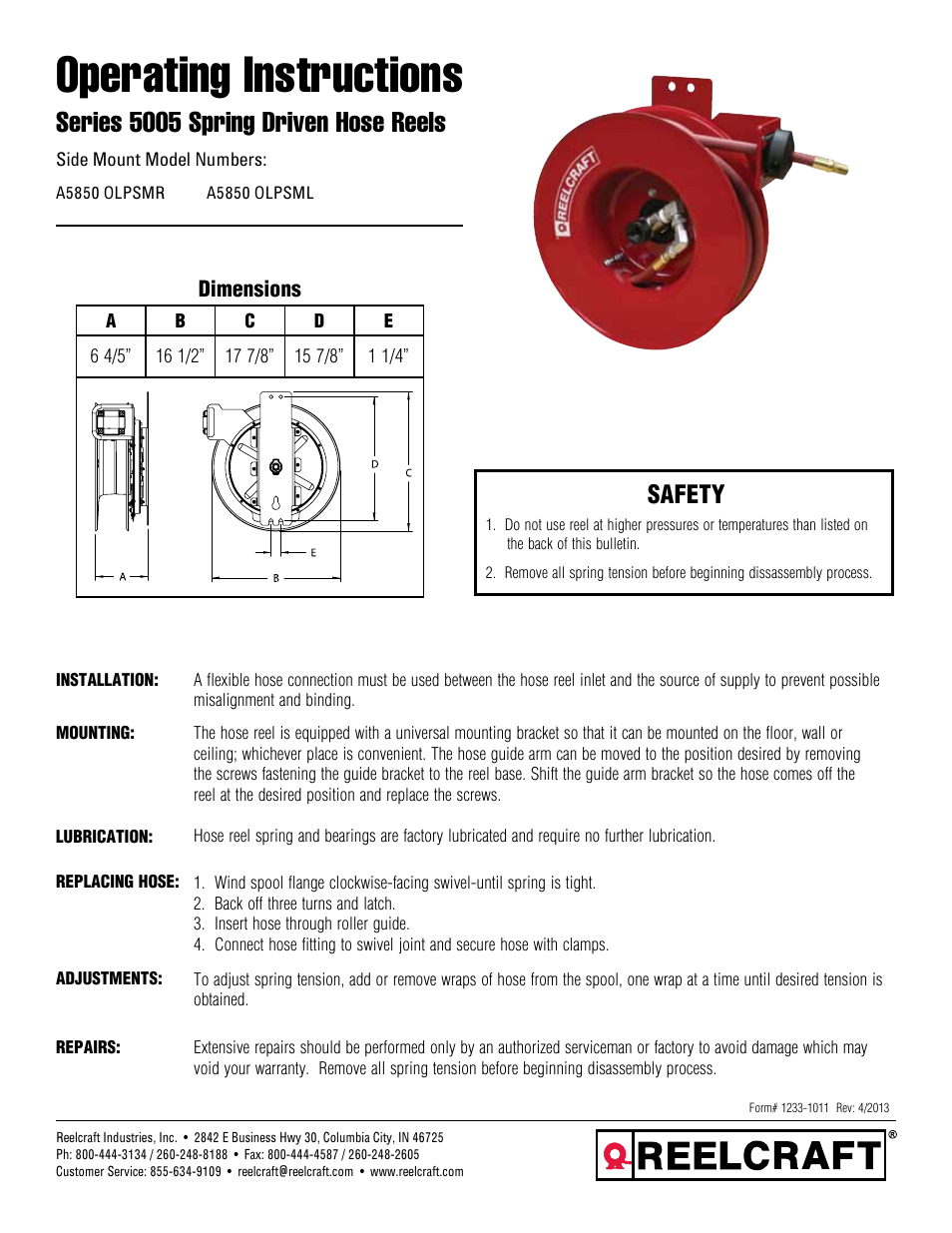 Reelcraft Series 5005 Spring Driven Hose Reels (Side Mount AxxxxOLPSMx) User Manual | 2 pages