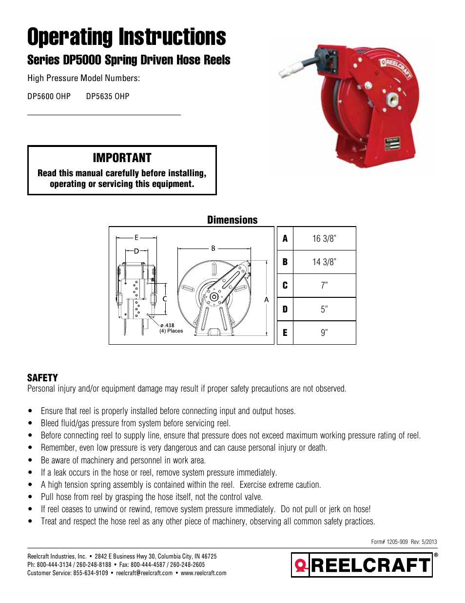 Reelcraft Series DP5000 Spring Driven Hose Reels (High Pressure DPxxxxOHP) User Manual | 4 pages