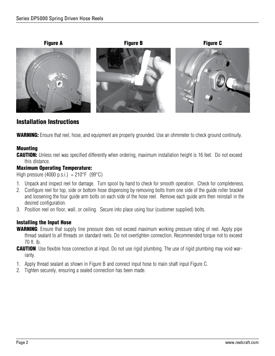 Reelcraft Series DP5000 Spring Driven Hose Reels (High Pressure DPxxxxOHP) User Manual | Page 2 / 4