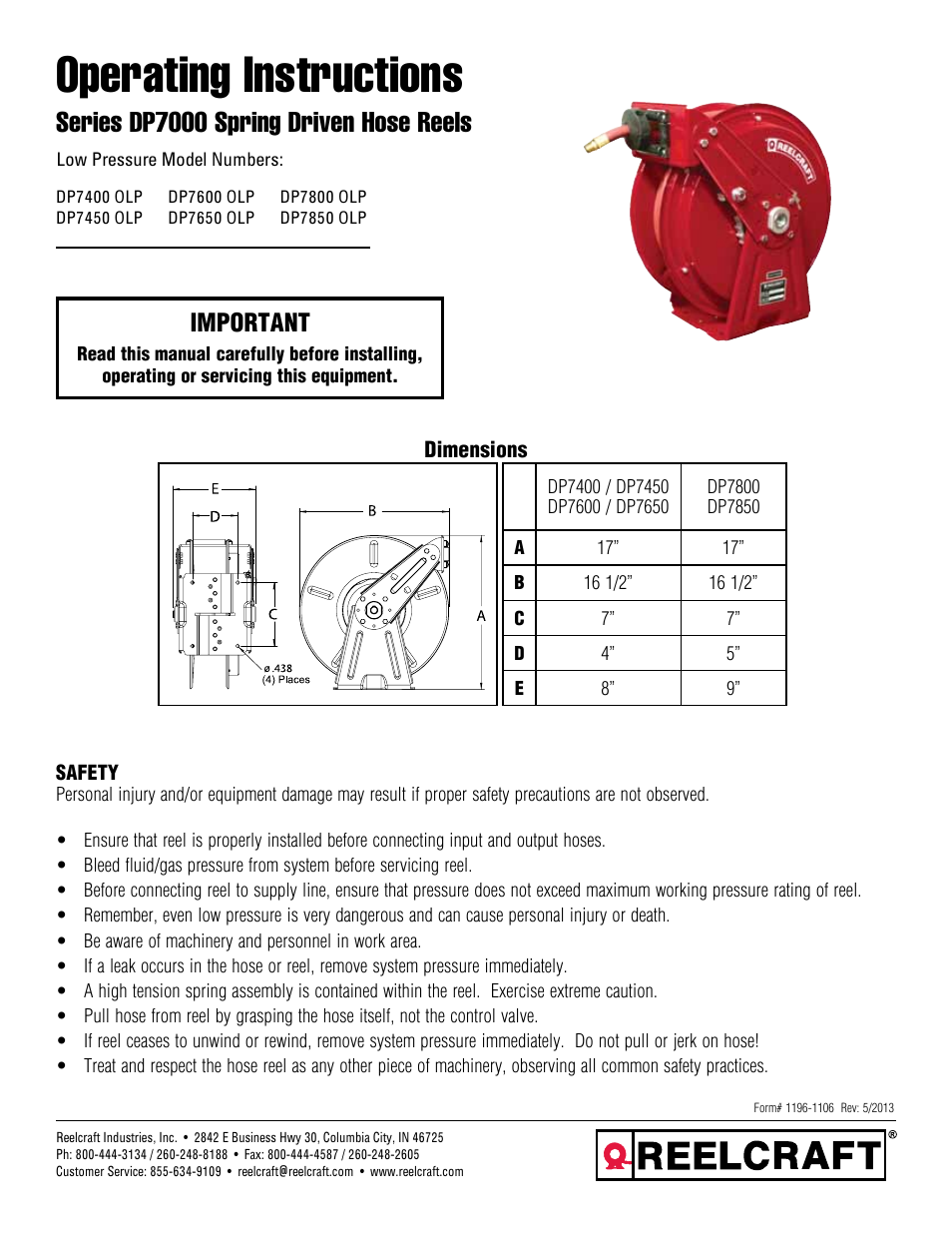 Reelcraft Series DP7000 Spring Driven Hose Reels (Low Pressure DPxxxxOLP) User Manual | 4 pages