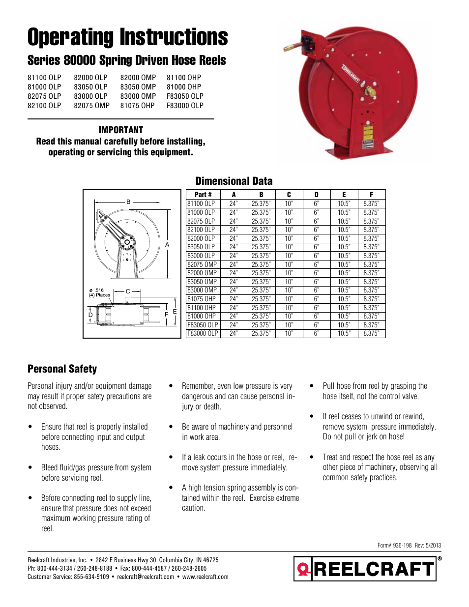 Reelcraft Series 80000 Spring Driven Hose Reels (xxxxxOLP, xxxxxOMP, xxxxxOHP, FxxxxxOLP User Manual | 12 pages