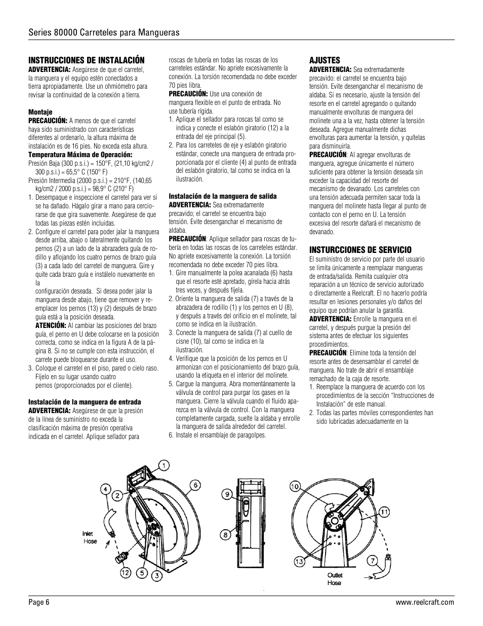 Reelcraft Series 80000 Spring Driven Hose Reels (xxxxxOLP, xxxxxOMP, xxxxxOHP, FxxxxxOLP User Manual | Page 6 / 12