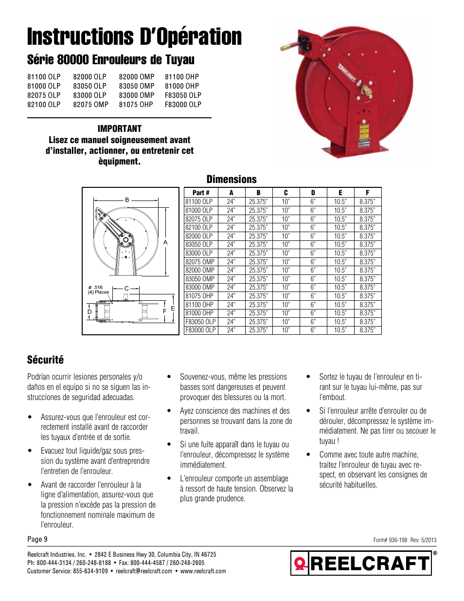 Instructions d’opération, Dimensions sécurité | Reelcraft Series 80000 Spring Driven Hose Reels (xxxxxOLP, xxxxxOMP, xxxxxOHP, FxxxxxOLP User Manual | Page 9 / 12