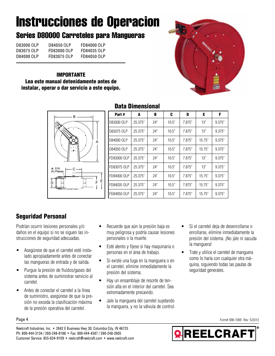 Instrucciones de operacion, Data dimensional, Seguridad personal | Reelcraft Series D80000 Spring Driven Hose Reels (Low Pressure DxxxxxOLP, FDxxxxxOLP) User Manual | Page 4 / 9