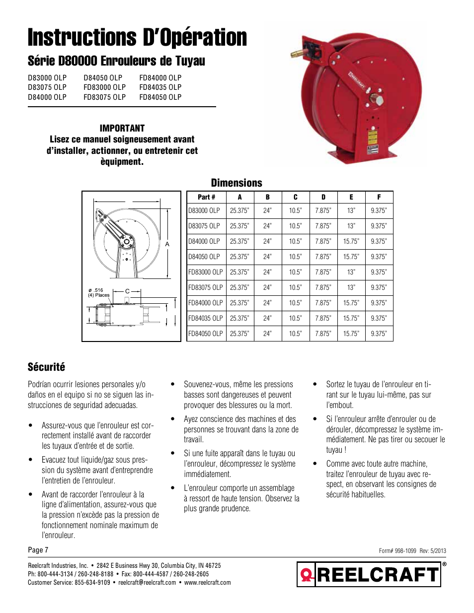 Instructions d’opération, Dimensions, Sécurité | Reelcraft Series D80000 Spring Driven Hose Reels (Low Pressure DxxxxxOLP, FDxxxxxOLP) User Manual | Page 7 / 9