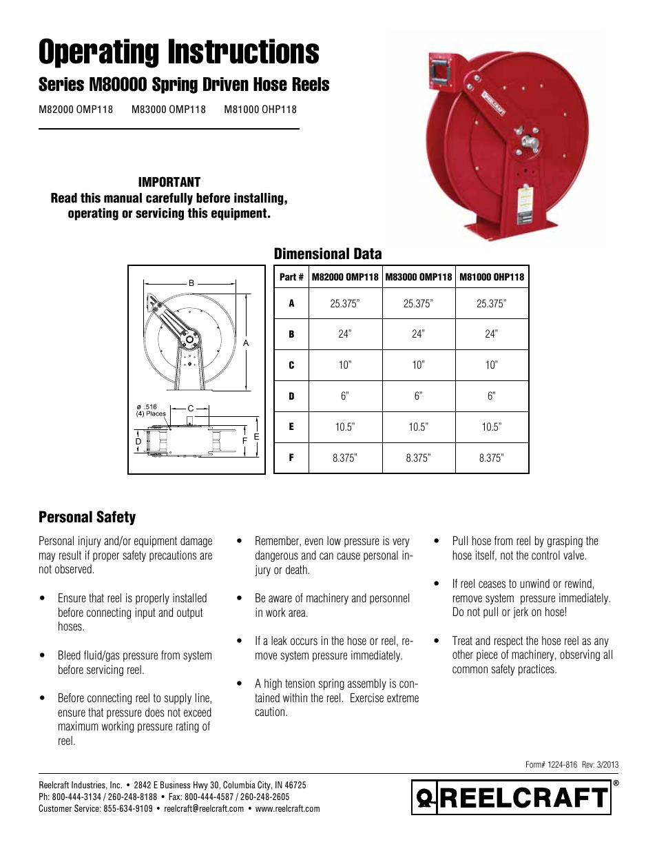 Reelcraft Series M80000 Spring Driven Hose Reels (MxxxxxOMP118, MxxxxxOHP118) User Manual | 3 pages