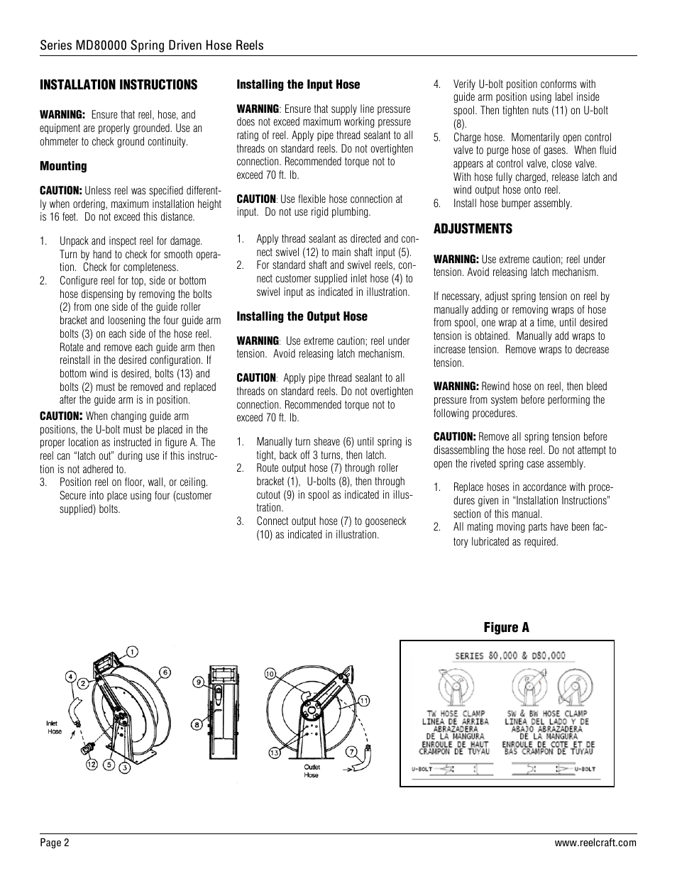 Reelcraft Series MD80000 Spring Driven Hose Reels (MDxxxxxOLP118) User Manual | Page 2 / 3