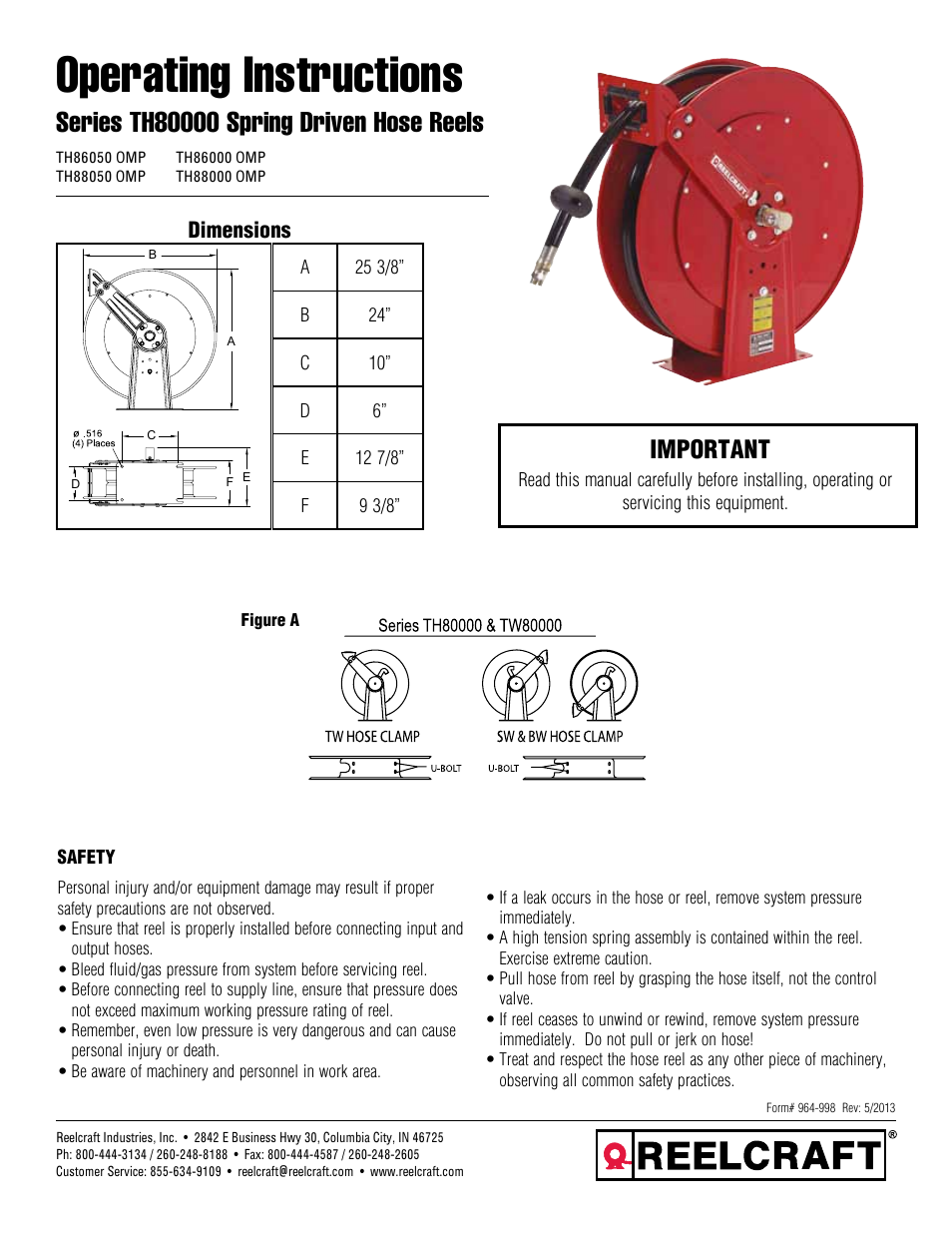 Reelcraft Series TH80000 Spring Driven Hose Reels (THxxxxxOMP) User Manual | 9 pages