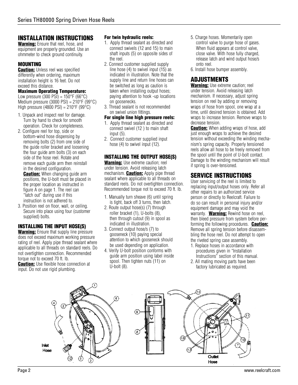 Installation instructions, Adjustments, Service instructions | Reelcraft Series TH80000 Spring Driven Hose Reels (THxxxxxOMP) User Manual | Page 2 / 9