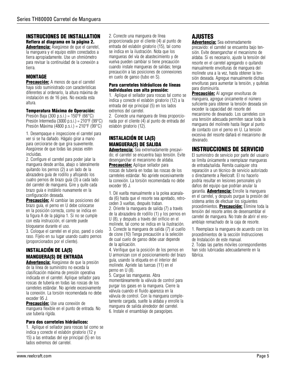 Ajustes, Instrucciones de servicio | Reelcraft Series TH80000 Spring Driven Hose Reels (THxxxxxOMP) User Manual | Page 5 / 9