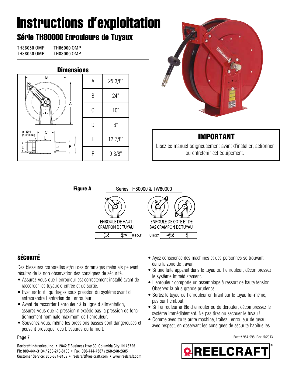 Instructions d’exploitation, Important, Dimensions | Reelcraft Series TH80000 Spring Driven Hose Reels (THxxxxxOMP) User Manual | Page 7 / 9