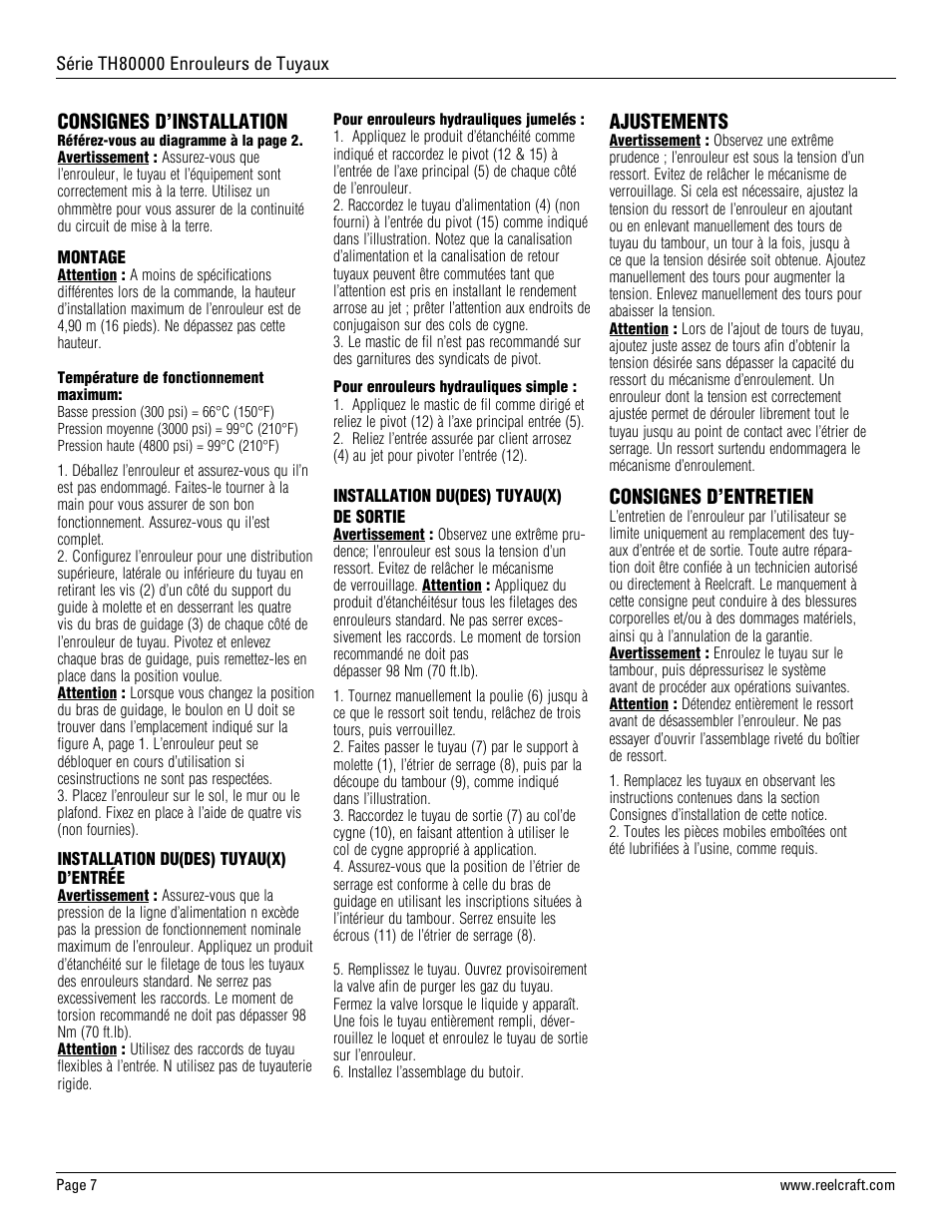 Consignes d’installation, Ajustements, Consignes d’entretien | Reelcraft Series TH80000 Spring Driven Hose Reels (THxxxxxOMP) User Manual | Page 8 / 9