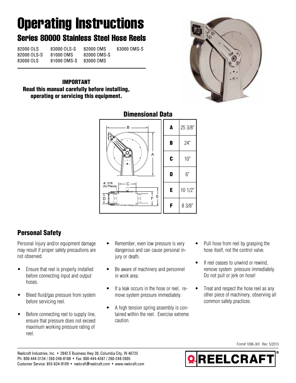 Reelcraft Series 80000 Stainless Steel Hose Reels (xxxxxOLS, xxxxxOMS) User Manual | 9 pages