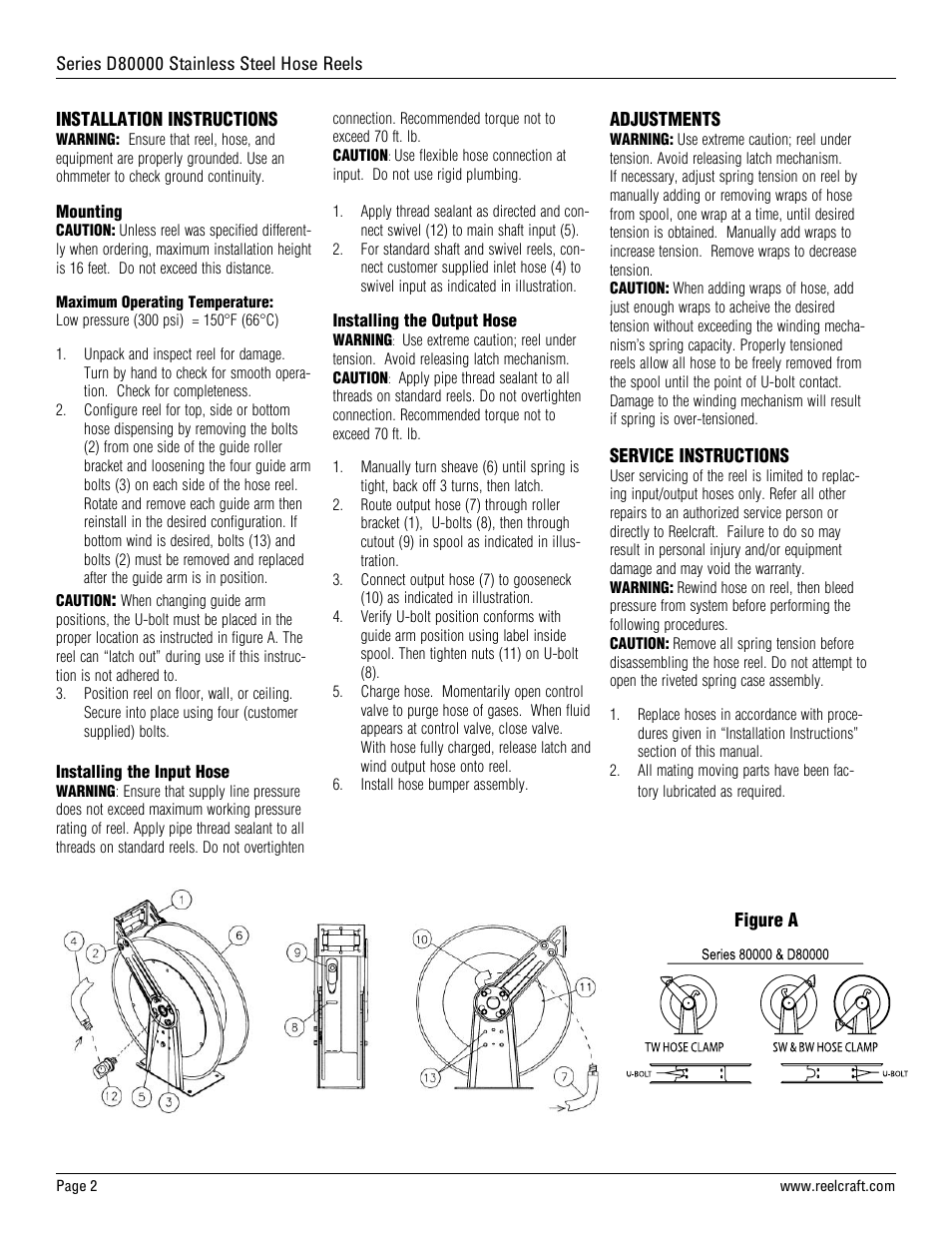 Reelcraft Series D80000 Stainless Steel Hose Reels (Low Pressure DxxxxxOLS) User Manual | Page 2 / 9